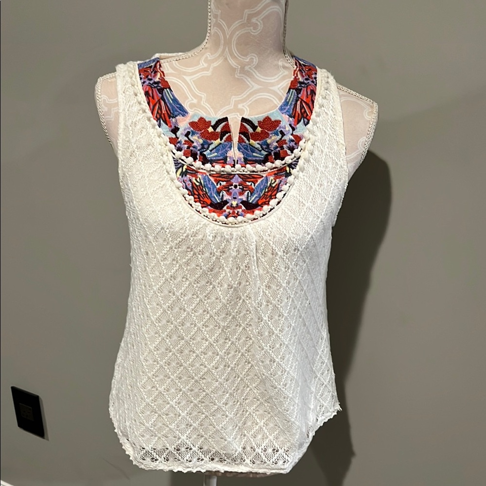 Anthropologie White Sleeveless Top with Multicolor Accents